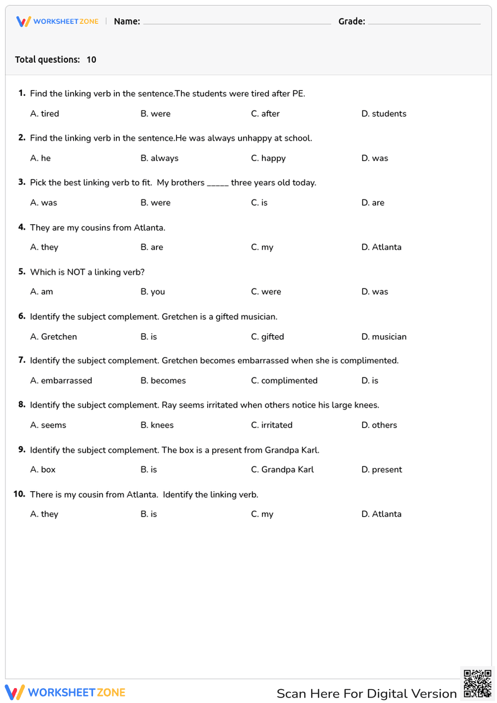 Linking Verbs/Helping Verbs - Page 1