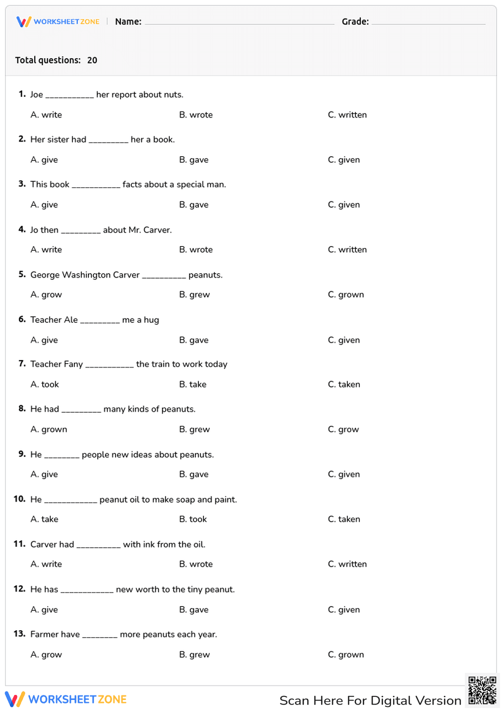 Printable Irregular Verbs Worksheet | Grade 2 ELA - Page 1