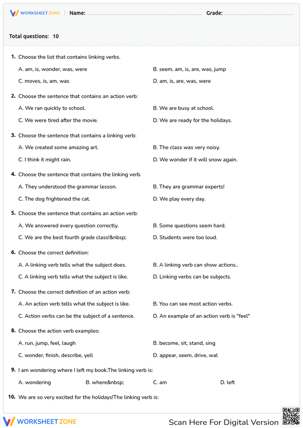Grade 4 Action & Linking Verbs — Printable No-Prep Worksheet - Page 1