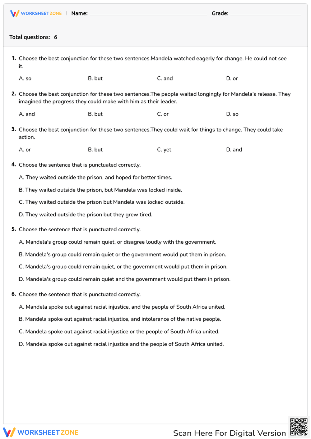 Conjunctions & Commas Worksheet | Grade 4 Printable - Page 1