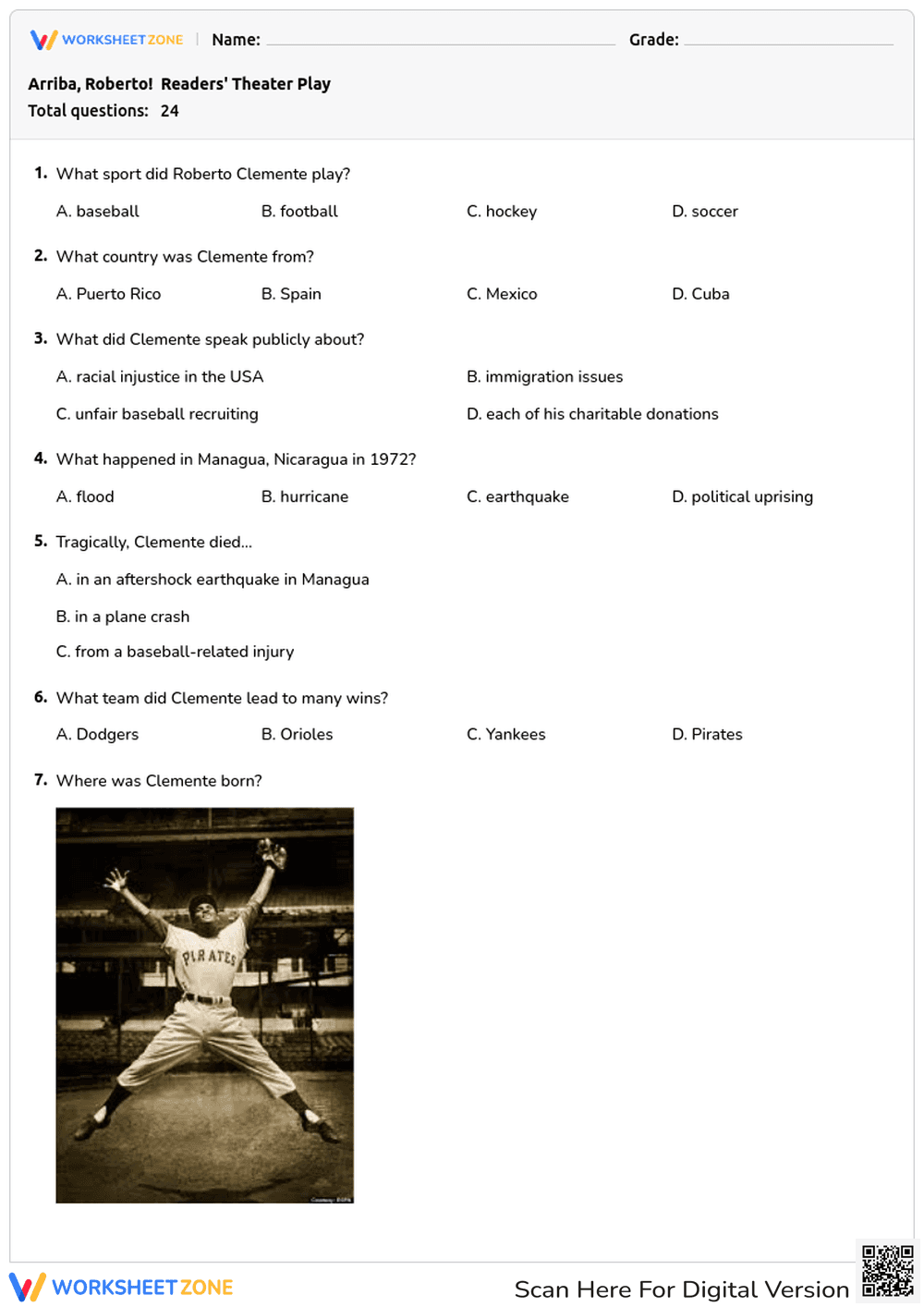 Printable Roberto Clemente Quiz | Grade 3 History - Page 1