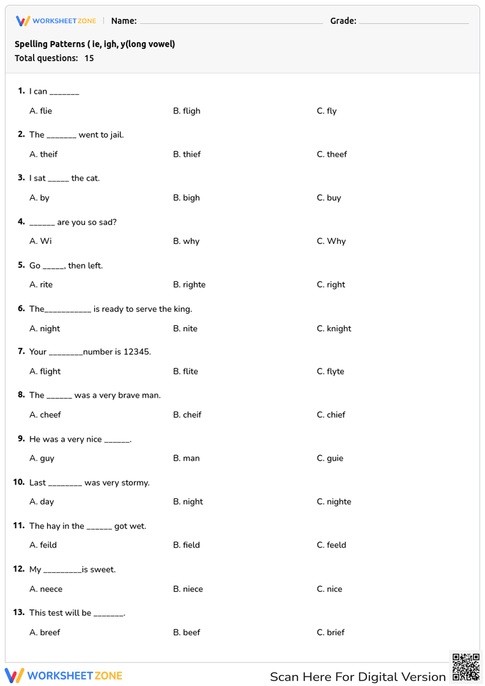 Spelling Patterns Quiz: 'ie', 'igh', and 'y' Long Vowel Sounds - Page 1