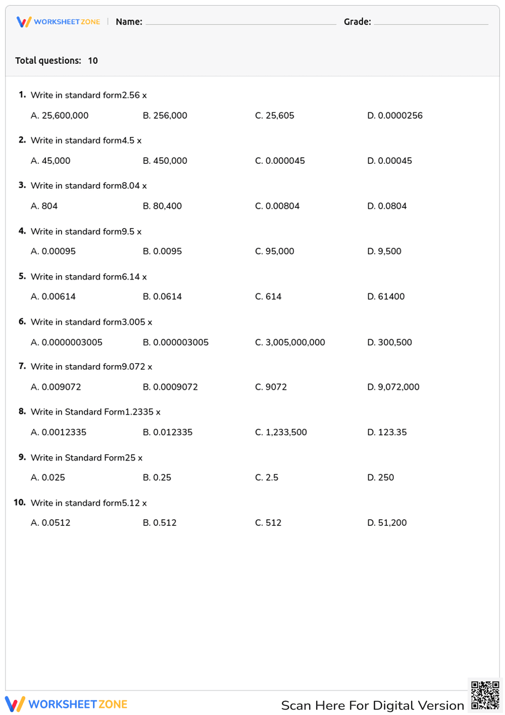 Grade 5 Scientific Notation — Printable No-Prep Worksheet - Page 1