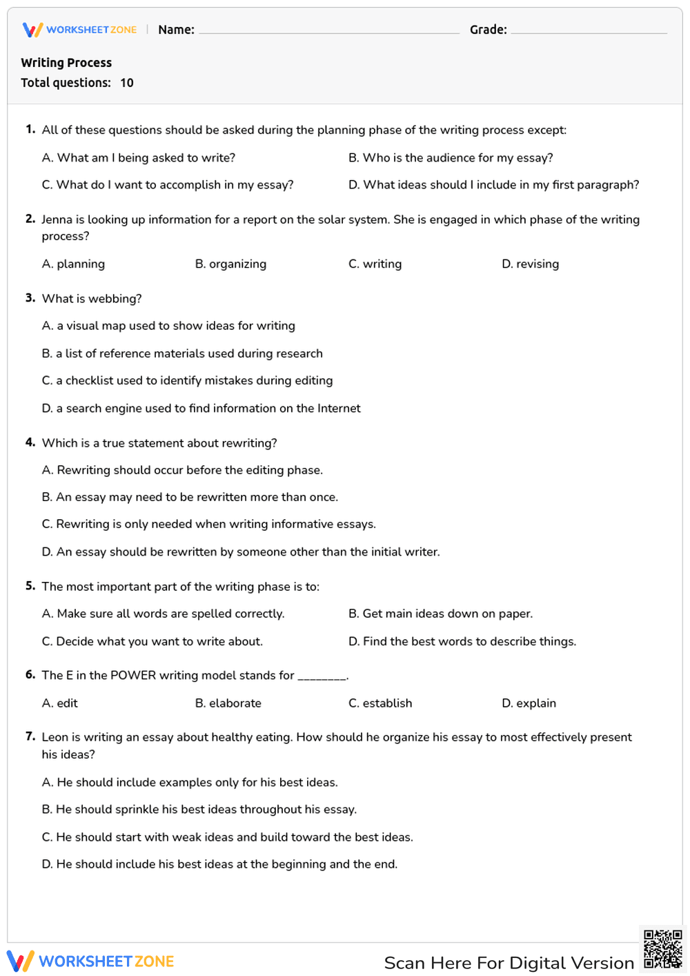 Grade 8 Writing Process — Printable No-Prep Worksheet - Page 1