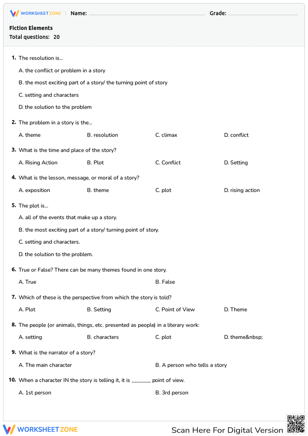 Fiction Elements Worksheet | Grade 3 ELA Printable - Page 1