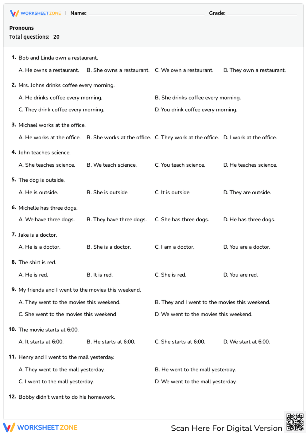 Grade 1 Pronouns — Printable No-Prep Worksheet - Page 1
