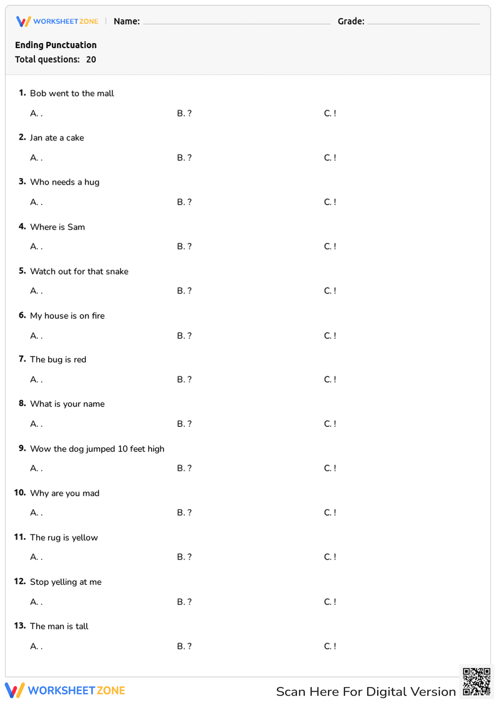 Fun Worksheet on Sentence Ending Punctuation - Page 1