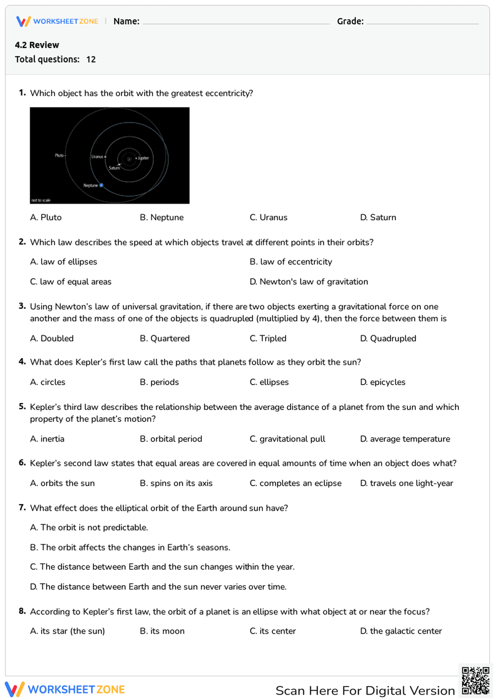 Kepler's Laws & Gravitation Printable Quiz | Grades 9-12 - Page 1