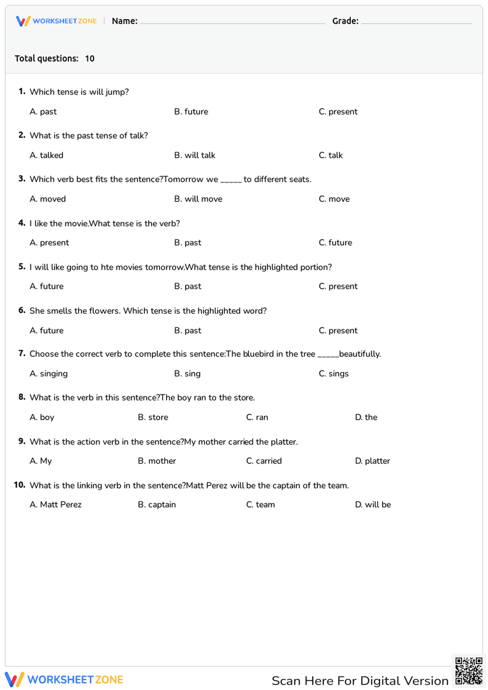 Past, Present, Future Tense Verbs | Essential Grade 3 - Page 1