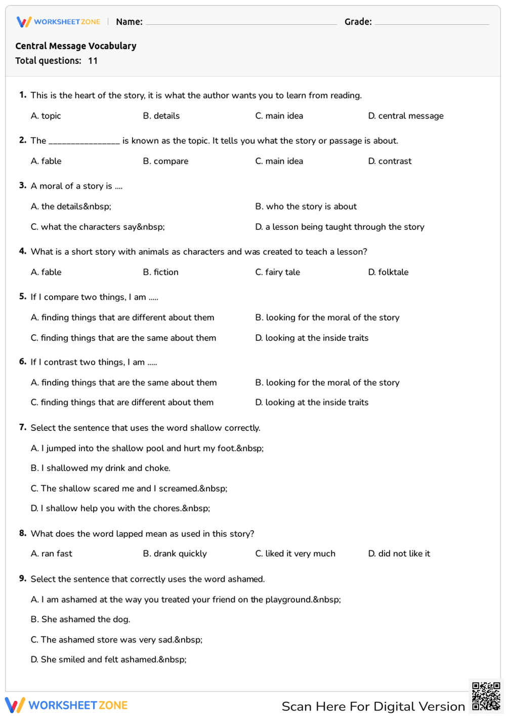 Identifying Central Message and Moral Quiz - Page 1