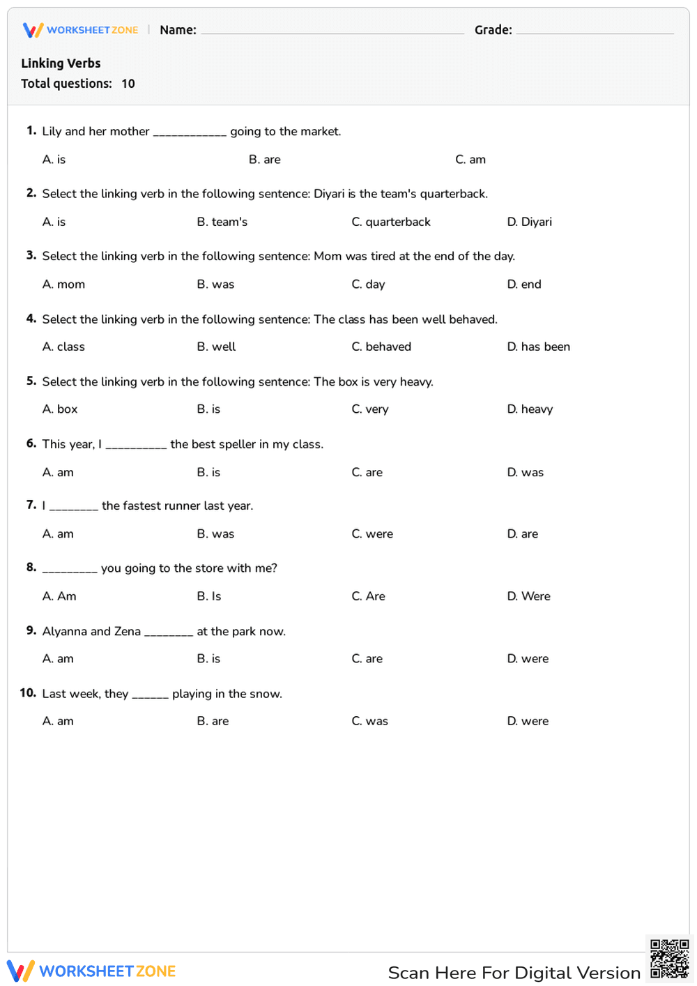 Worksheet on Linking Verbs and Sentence Structure - Page 1