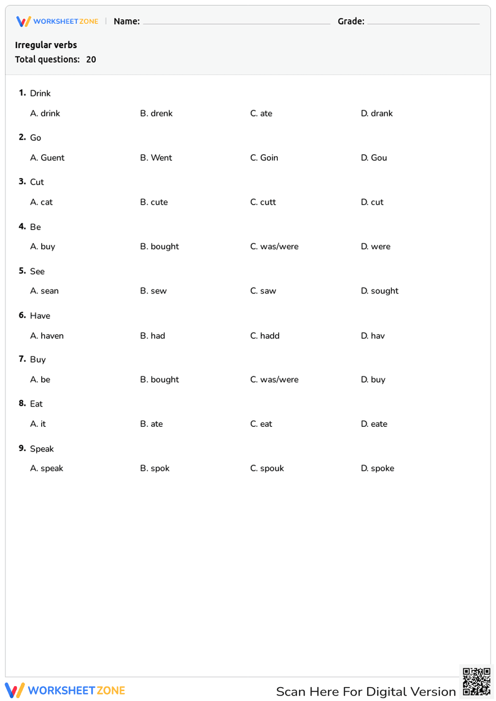 Printable Irregular Verbs Quiz | Grades 3-4 ELA - Page 1