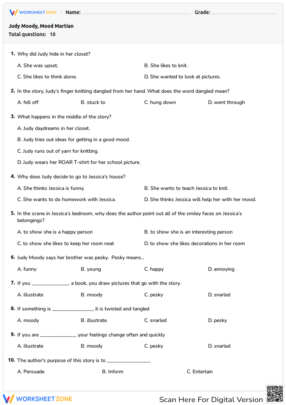 Judy Moody Story: Comprehension Quiz - Page 1