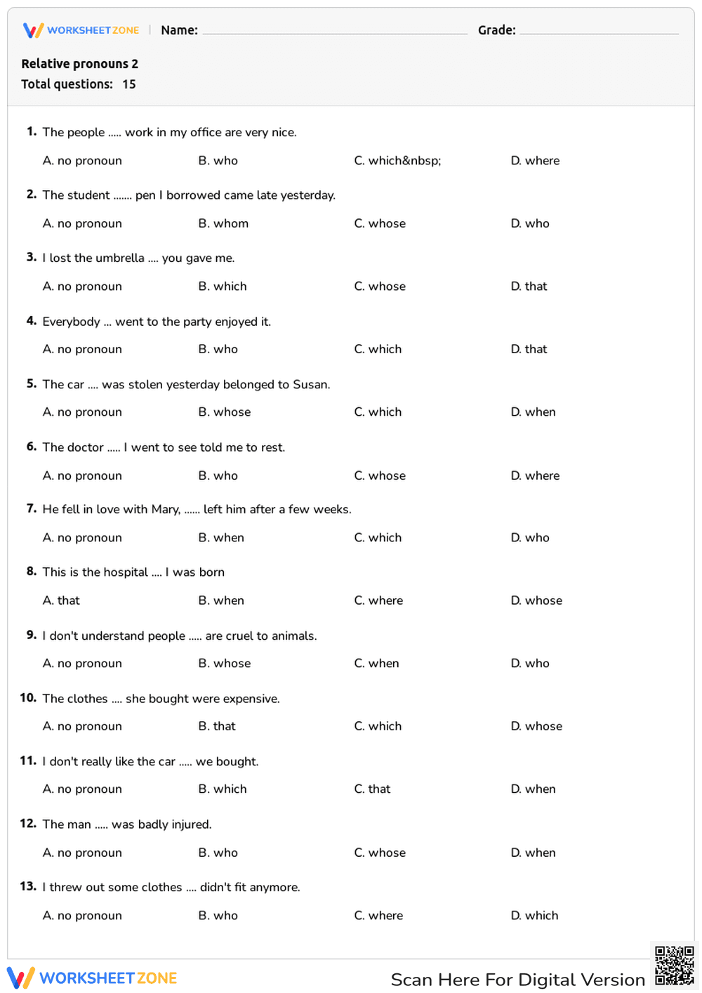 Grade 3 Relative Pronouns — Printable No-Prep Worksheet - Page 1
