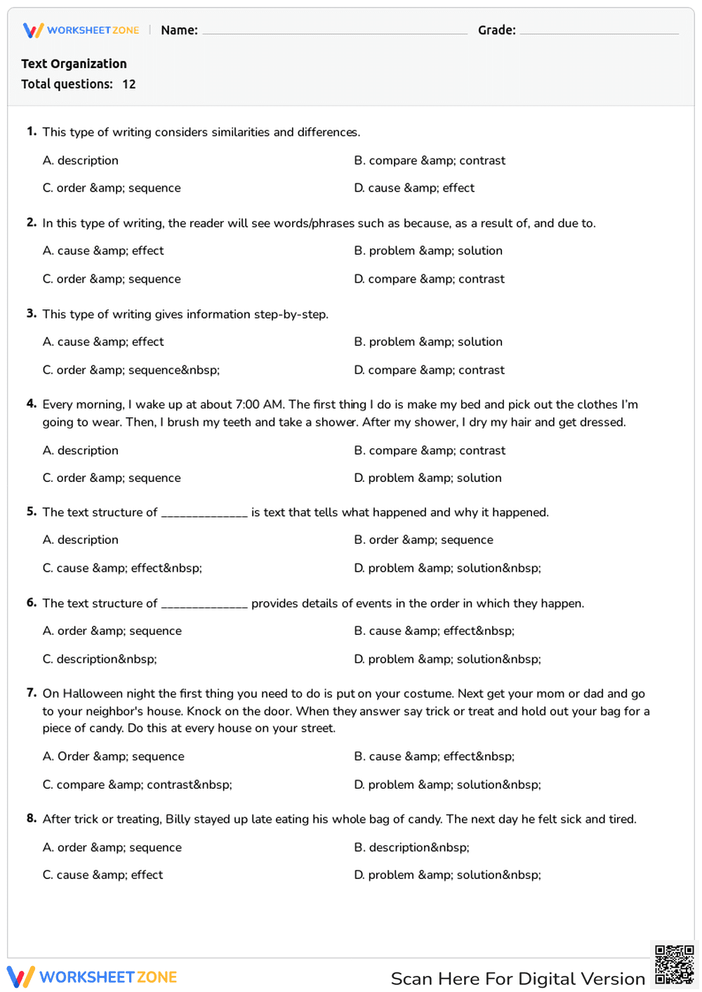 Text Organization Worksheet | Grade 3 Essential - Page 1