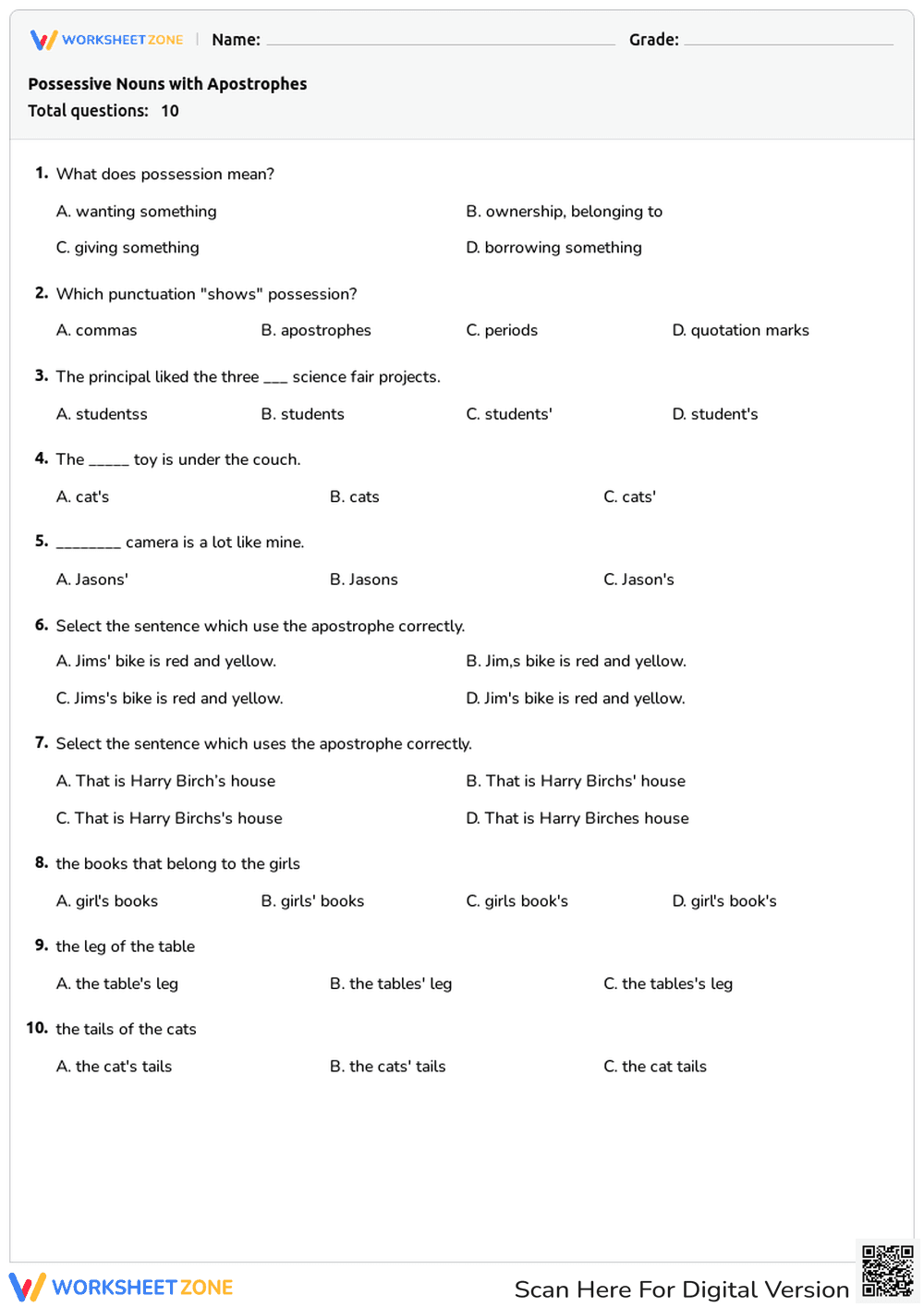 Apostrophes with Possessive Nouns: Grammar Practice - Page 1