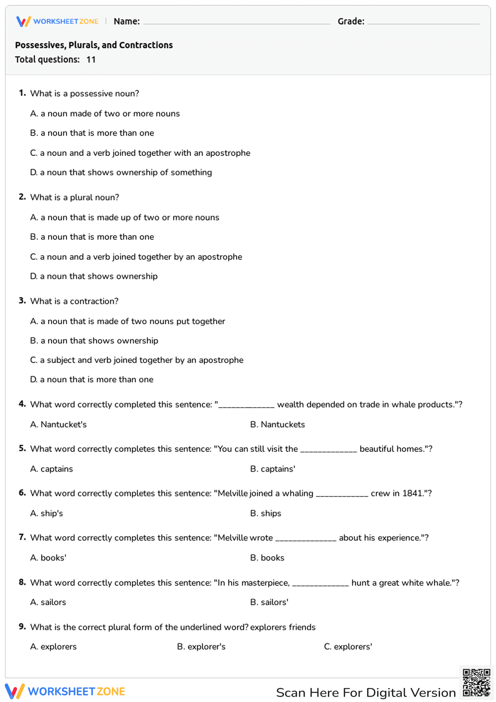Printable Possessives, Plurals, and Contractions Worksheet - Page 1