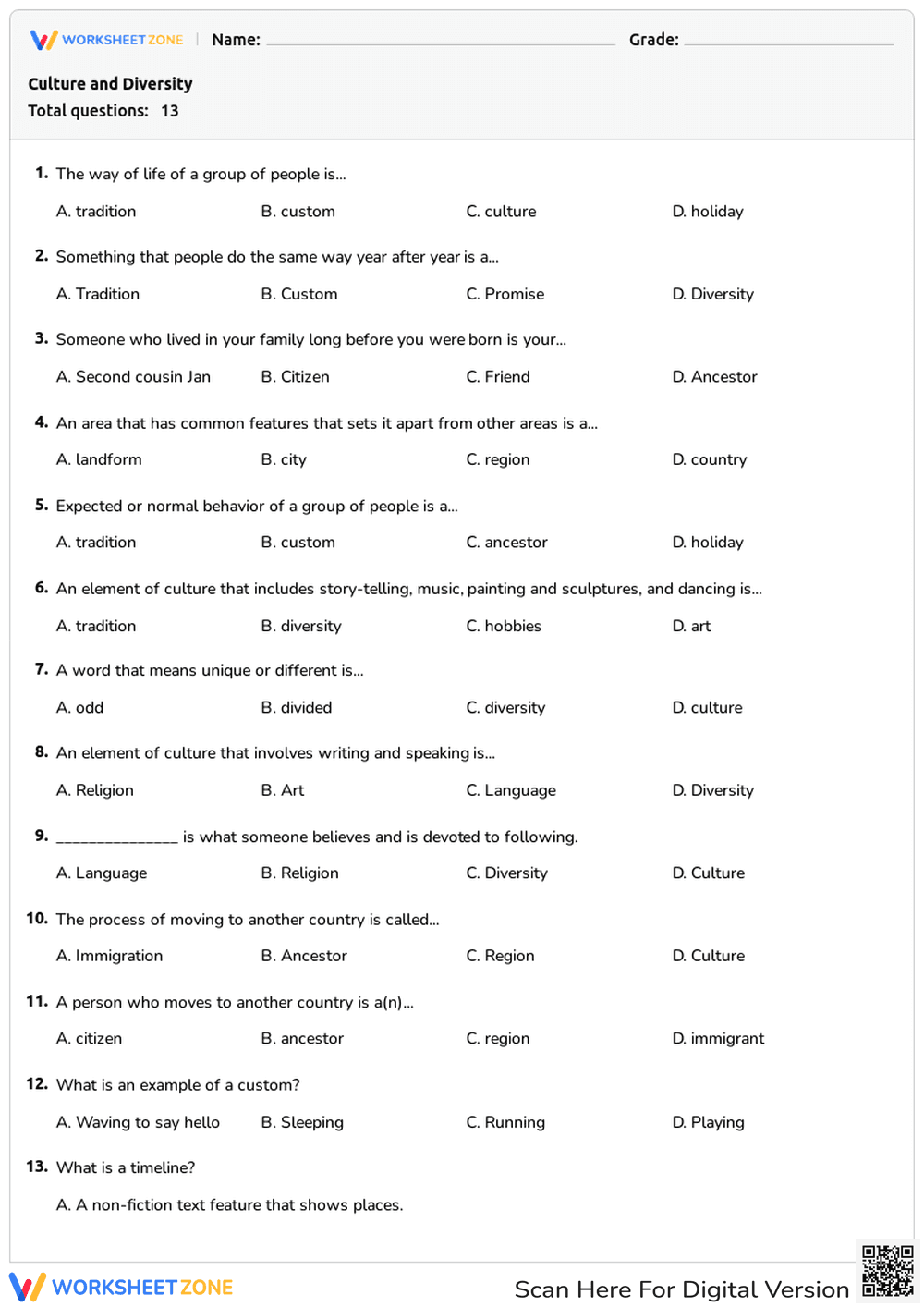 Culture and Diversity Worksheet | Grade 2-3 Essential - Page 1
