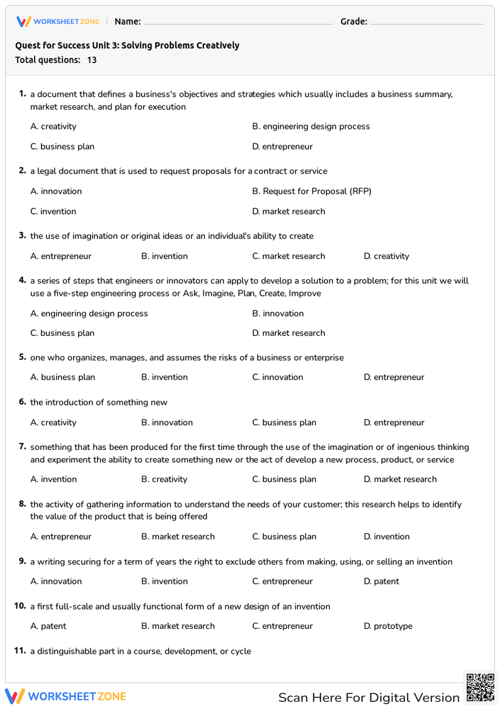 Printable Quest for Success Unit 3 Vocabulary Quiz - Page 1