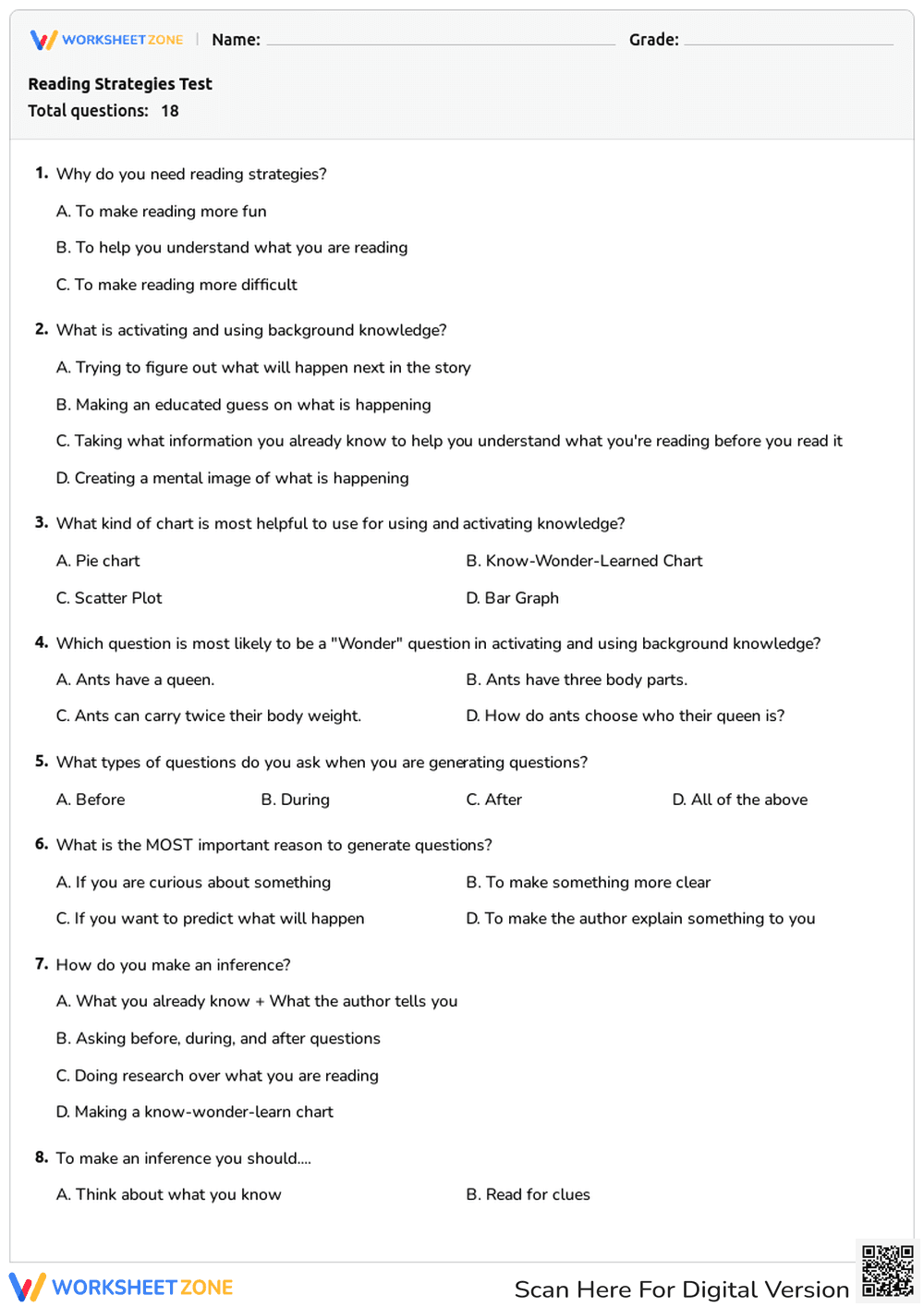 Reading Strategies Test | Grade 3 Essential Worksheet - Page 1