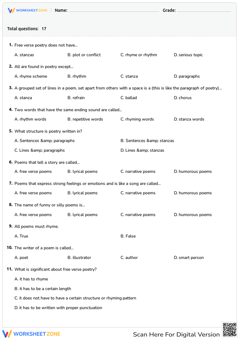 Grade 7 Poetry Elements — Printable No-Prep Worksheet - Page 1