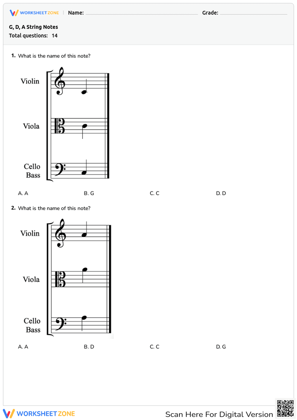 G, D, A String Notes Worksheet | Essential Music Quiz - Page 1