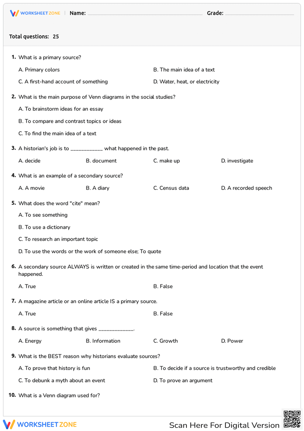 Printable Compare and Contrast Sources Grade 4 Worksheet - Page 1