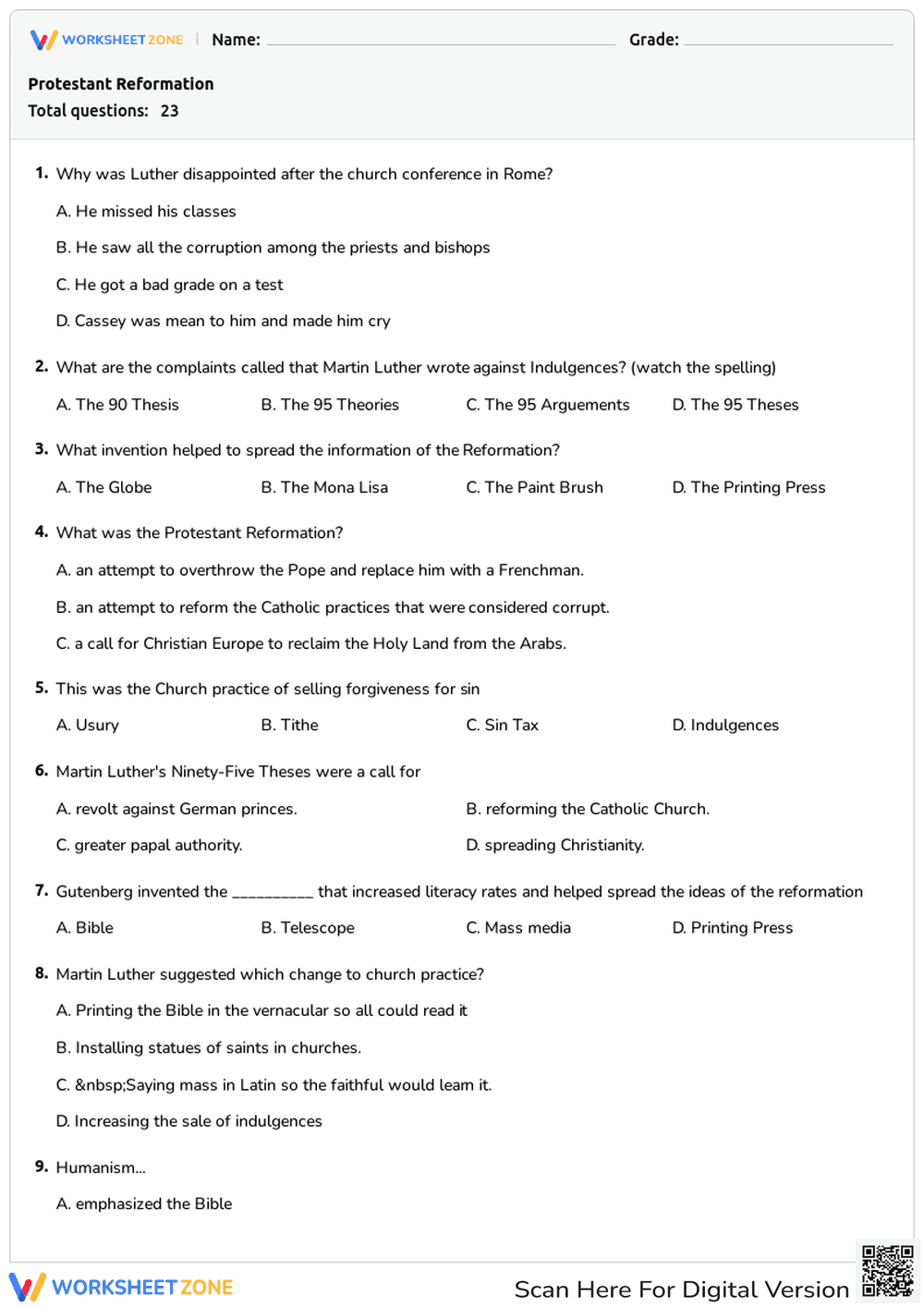 Protestant Reformation Worksheet | Grade 8 Printable - Page 1
