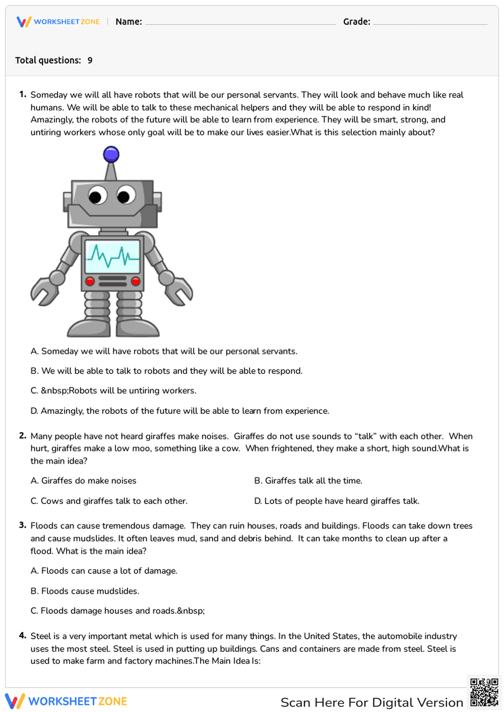 Grade 3-5 Main Idea Practice — Essential Printable Worksheet - Page 1