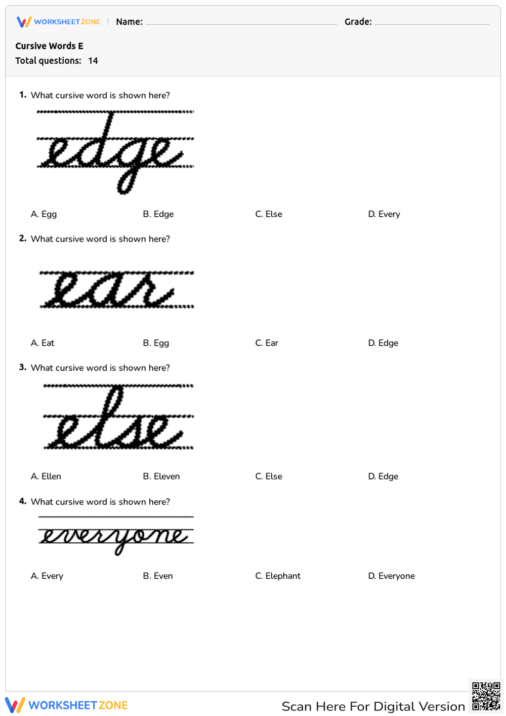 Grade 3 Cursive Words E — Printable No-Prep Worksheet - Page 1