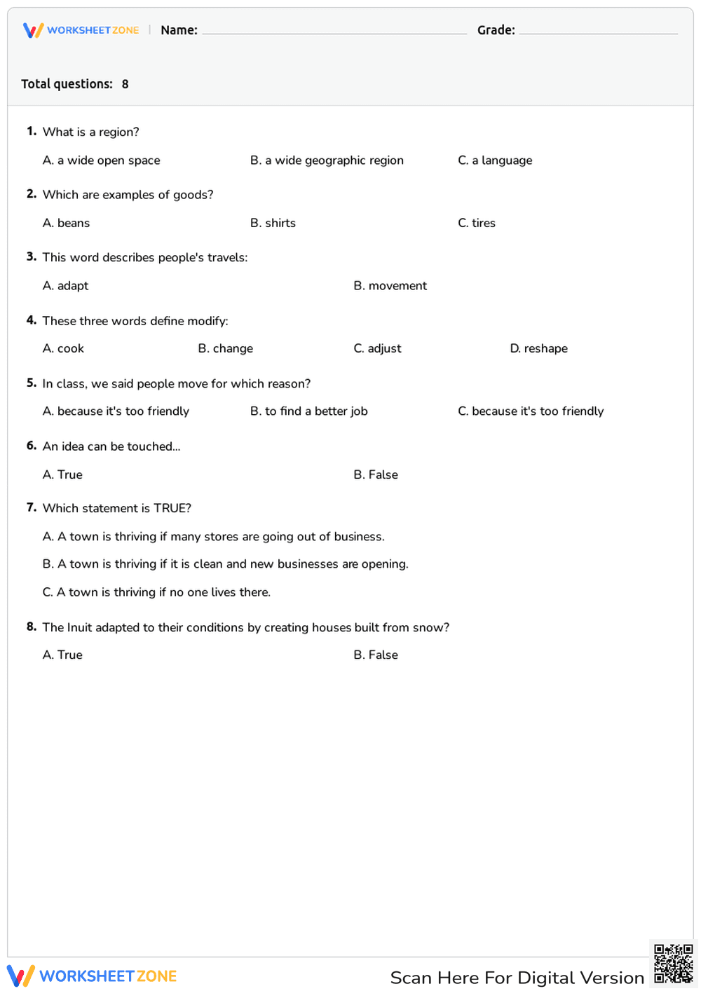 Printable Geography Quiz | Grade 4-5 Regions & Goods - Page 1