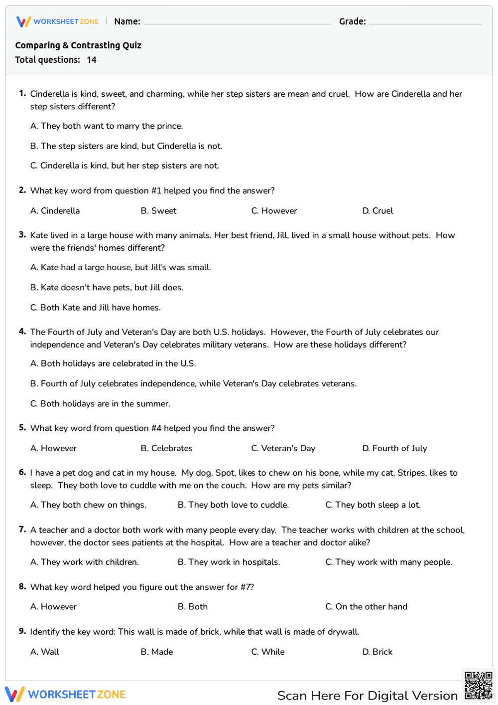 Compare and Contrast Quiz: Find Similarities & Differences - Page 1