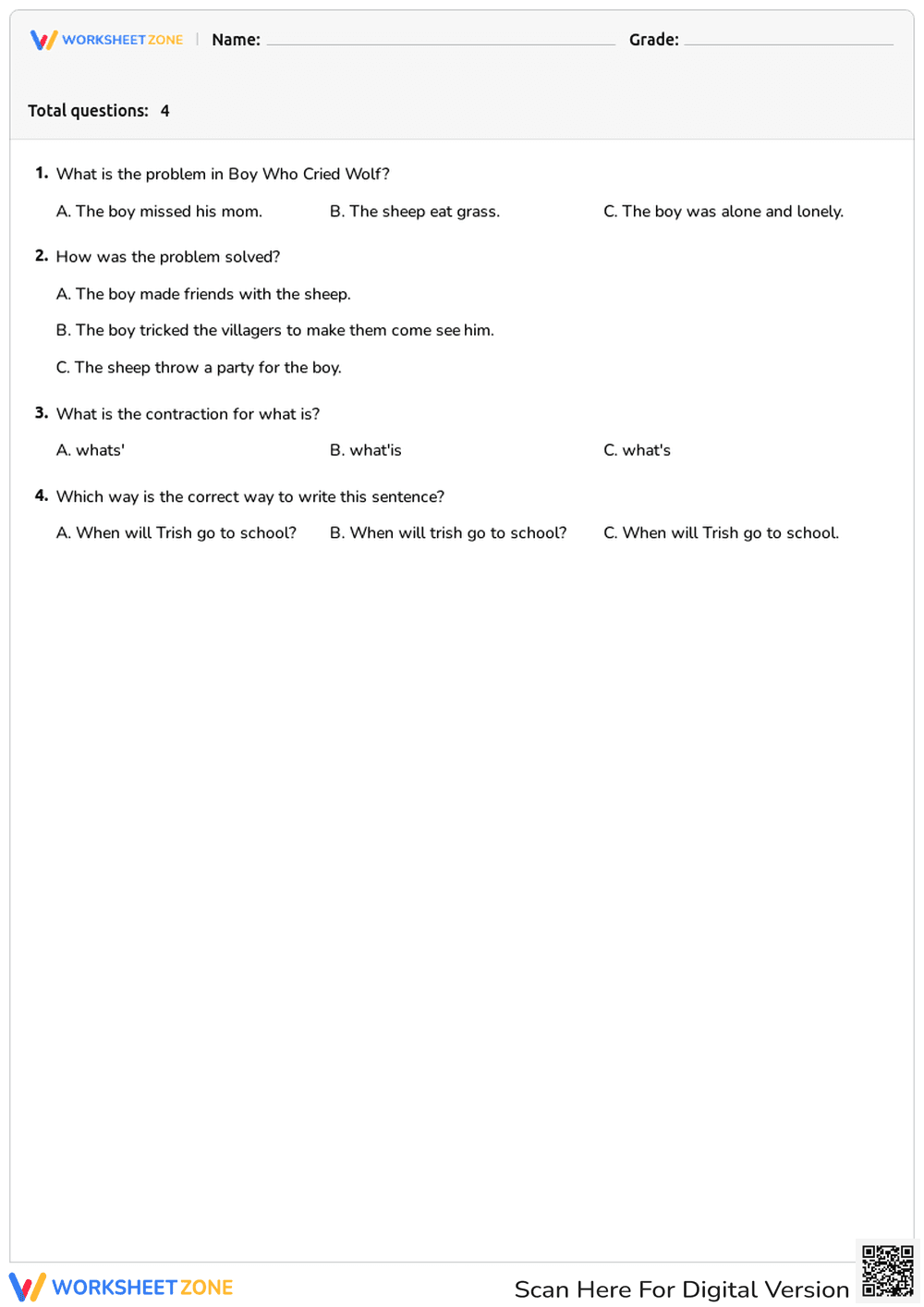 The Boy Who Cried Wolf Worksheet | Grade 1 Ready - Page 1