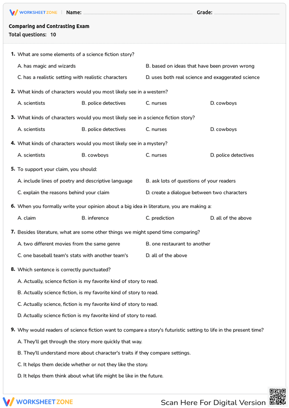 Literature Analysis Quiz for Students - Page 1