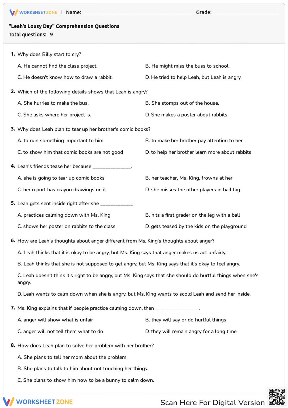 Comprehension Quiz: Leah's Emotions and Problem Solving - Page 1
