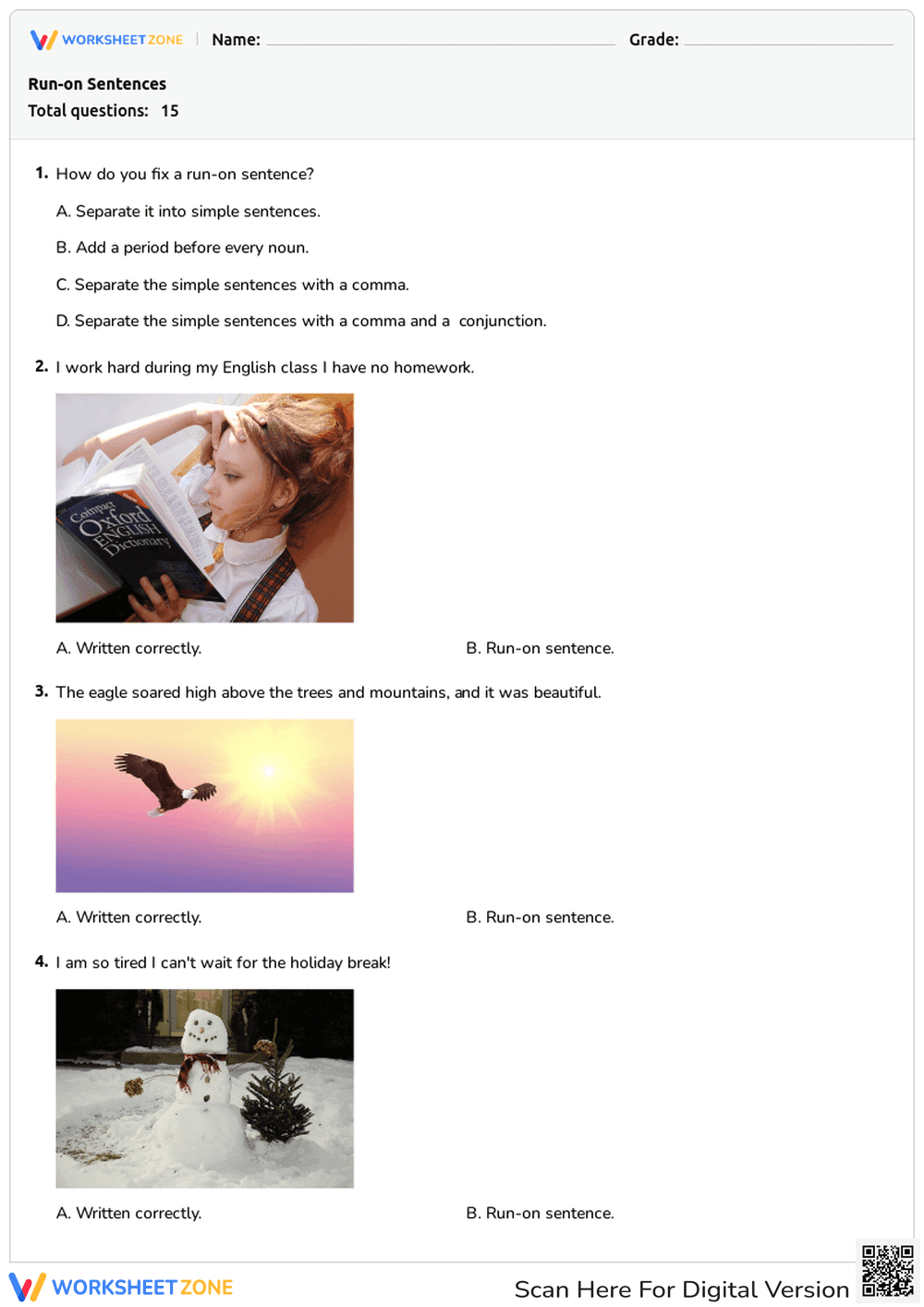 Run-On Sentences Correction Worksheet - Page 1