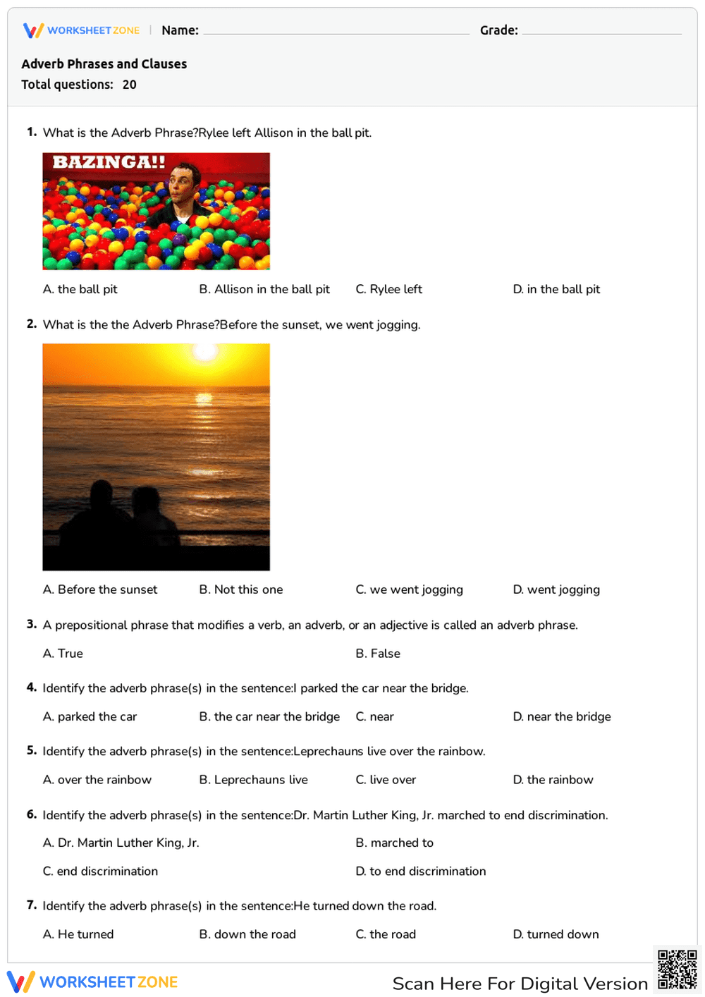 Adverb Phrases and Clauses Worksheet | Grade 5 Essential - Page 1
