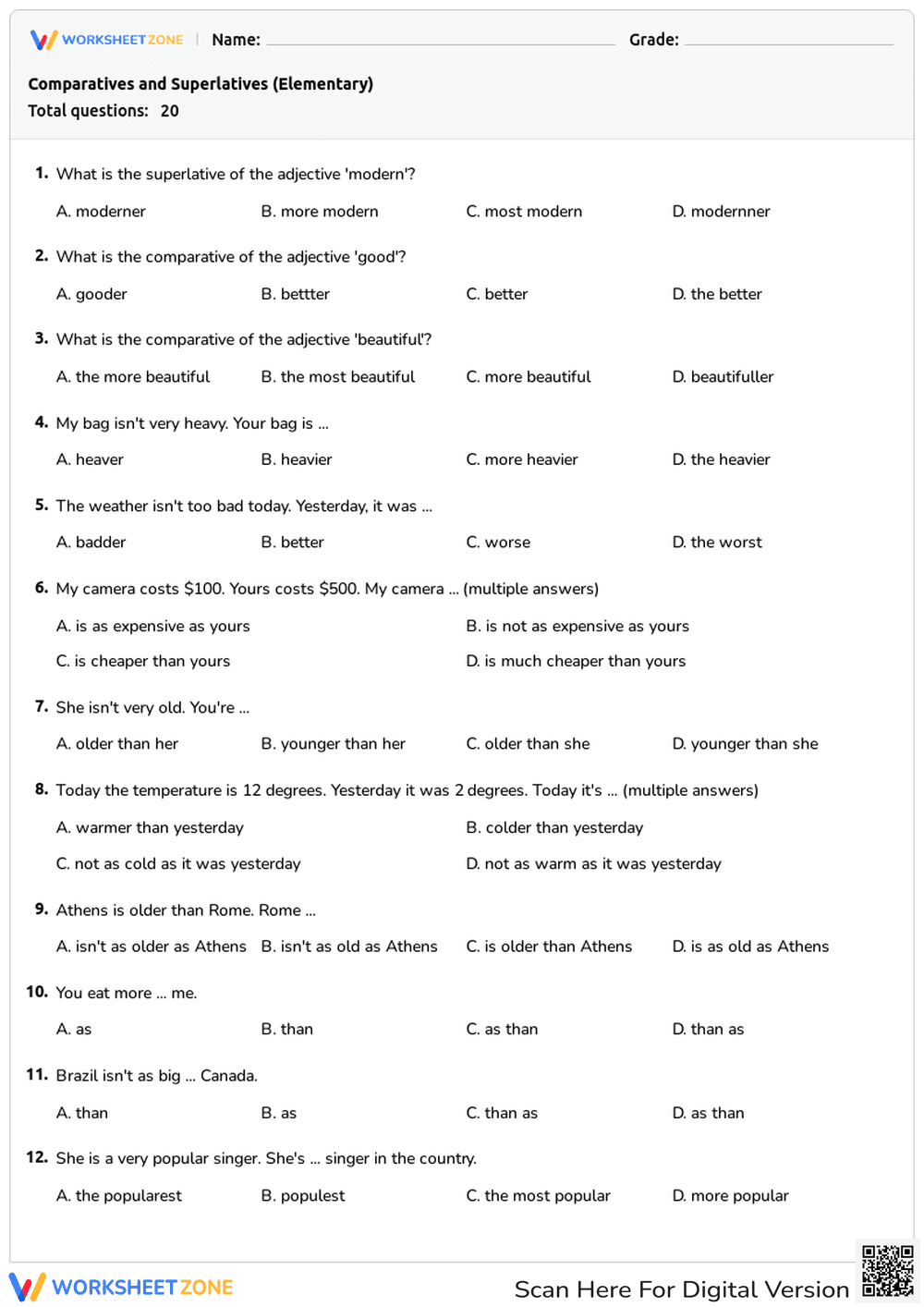 Practice Comparatives and Superlatives in Sentences - Page 1