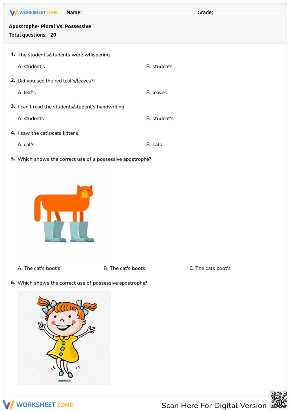 Grade 3 Plural vs. Possessive Apostrophe Printable Worksheet - Page 1