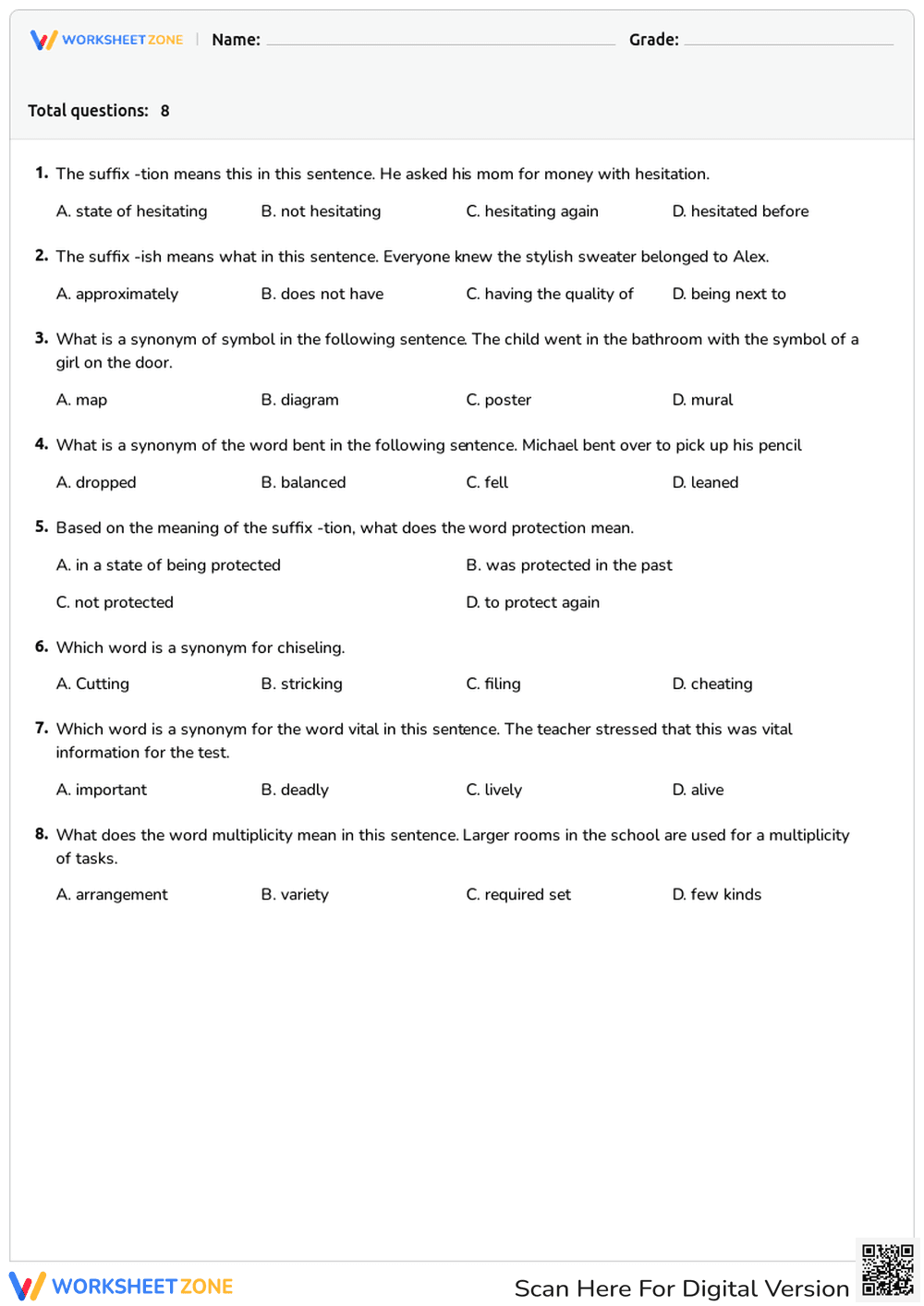 Printable Synonyms & Affixes Quiz | Grade 4 ELA - Page 1