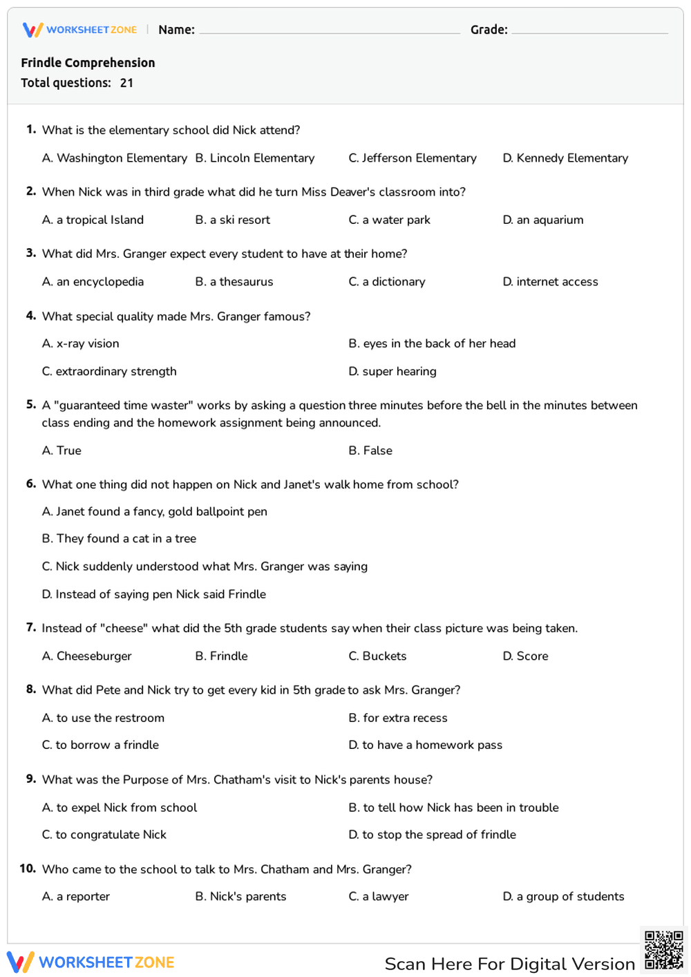 'Frindle' Comprehension: Story Analysis and Questions - Page 1