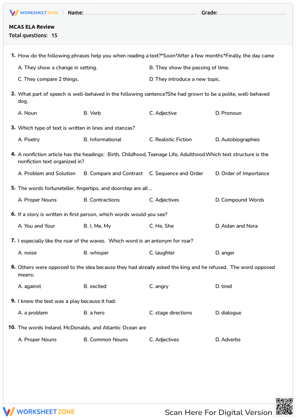 ELA Reading Review: Comprehension and Literary Devices - Page 1