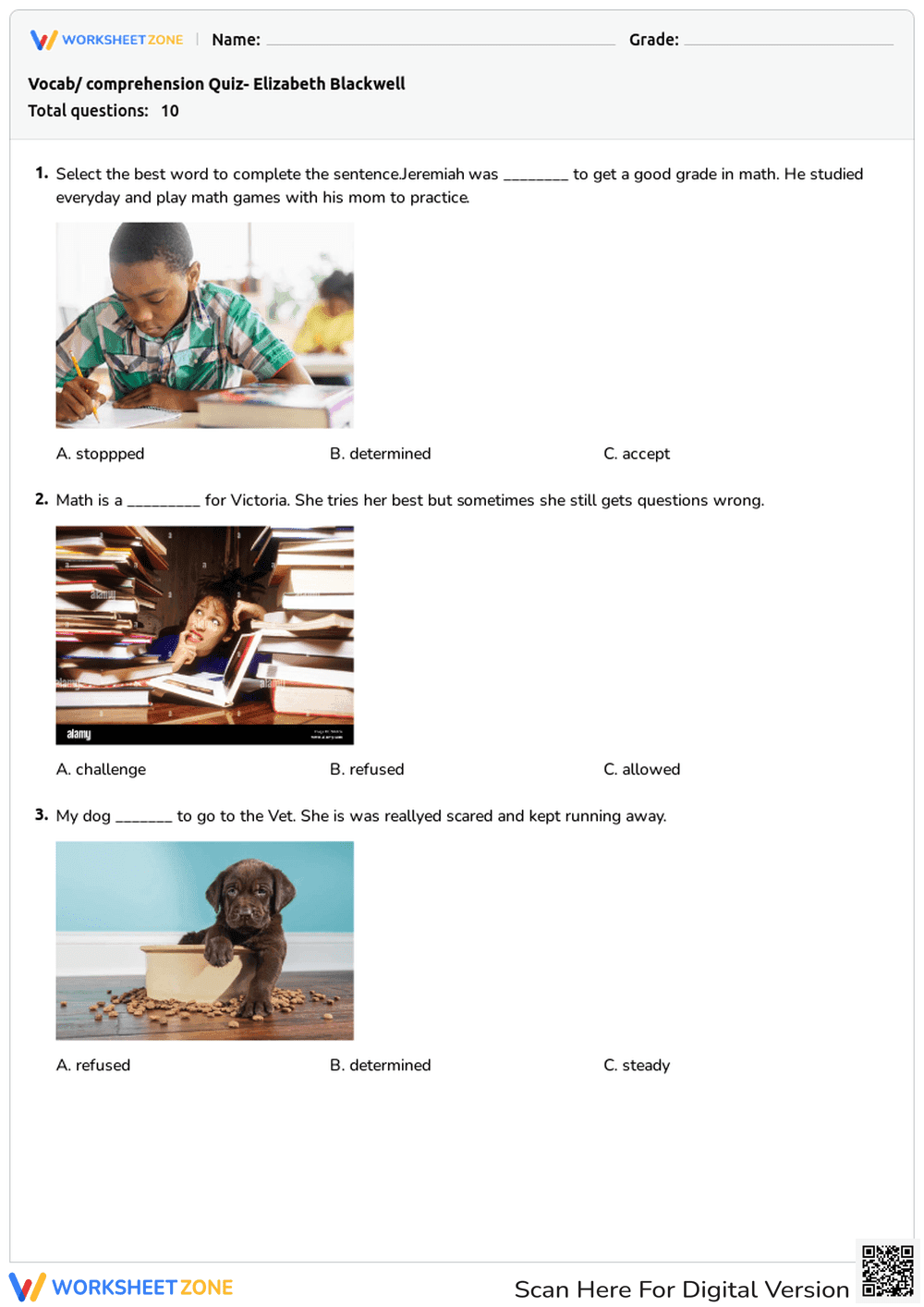 Elizabeth Blackwell Vocab & Reading Quiz | Essential Grade 2 - Page 1