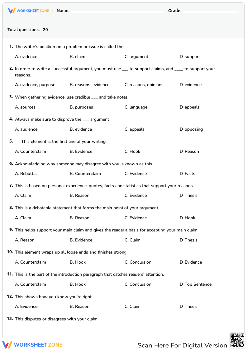 Argument Writing Quiz | Grade 6-8 Essential - Page 1