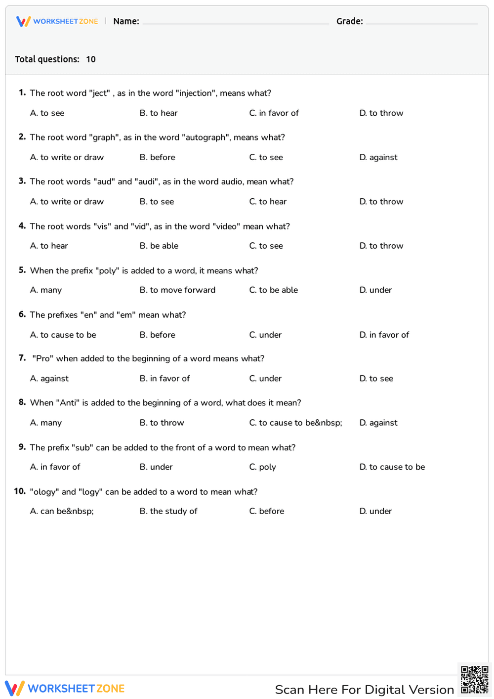 Essential Roots and Affixes Worksheet | Grade 4-6 - Page 1