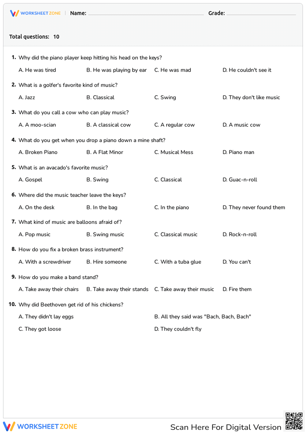 Music Puns Worksheet | Grade 2 Printable Ready - Page 1