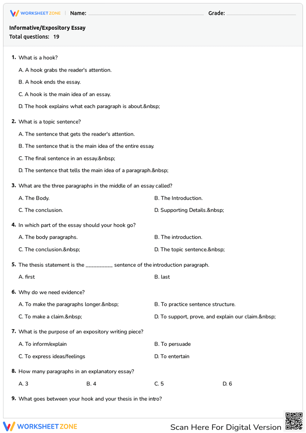 Essential Grade 5 Informative Essay Quiz | Printable - Page 1