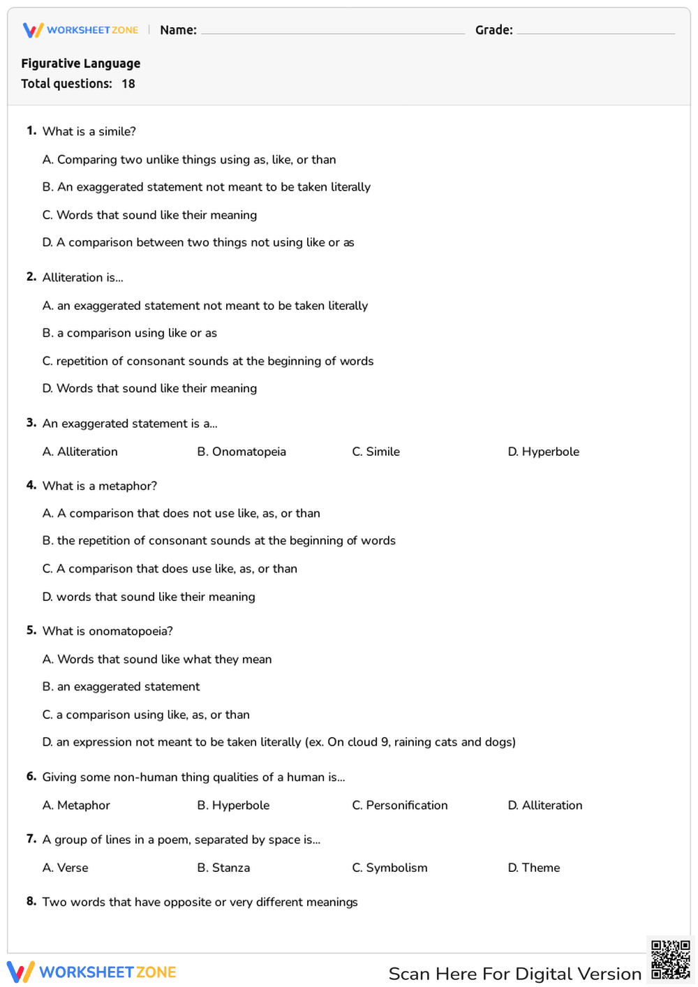 Figurative Language & Poetry Terms Quiz - Page 1