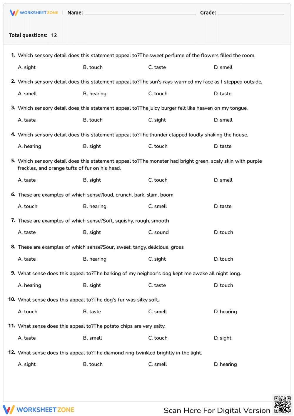 Grade 4 Sensory Words — Printable No-Prep Worksheet - Page 1