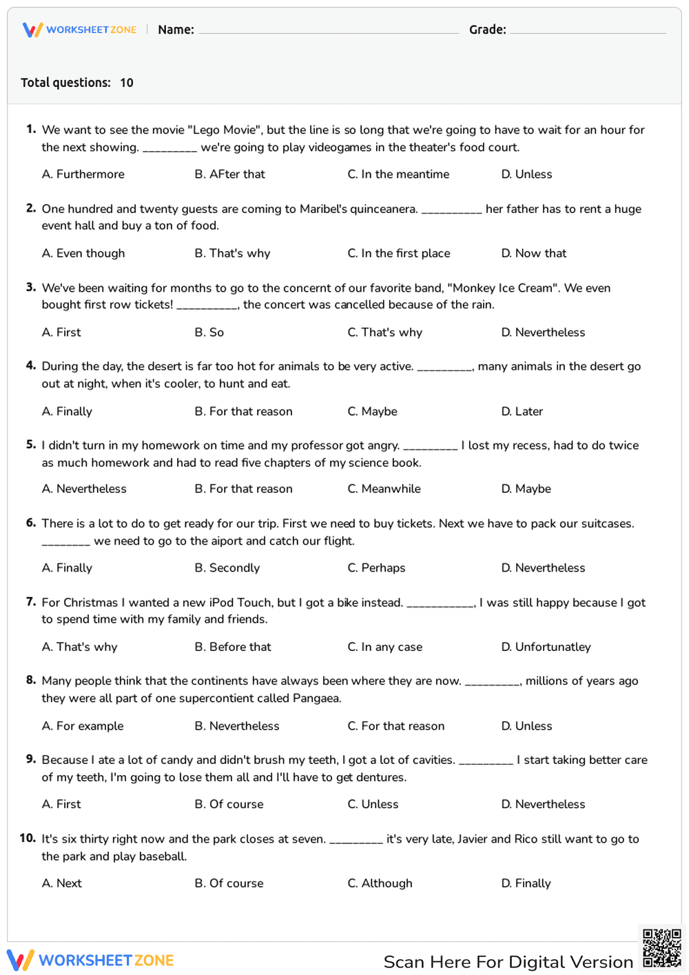Essential Transition Words Worksheet | Grade 2 ELA - Page 1